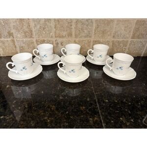 Vintage Arcopal France Veronica Blue Floral Set 6 Coffee Tea Cups Saucers Set